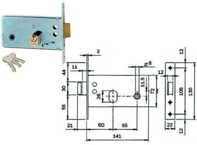 SERRATURA DA INFILARE PER FASCE CATENACCIO E SCROCCO MM.72 H 725- mm.60 (725600)