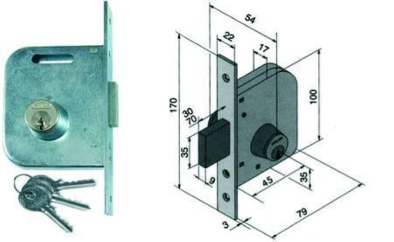 SERRATURA DA INFILARE PER CANCELLI 2 MANDATE E SCR. CILINDRO FISSO 060 - mm.30 con catenaccio mm.25 (06030000)