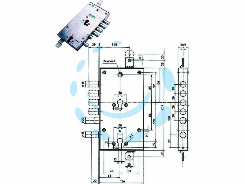 SERRATURA TRIPLICE APPLICARE MULTIF. SCROCCO CIL. EUR. BLINDATE 85595 - mm.63 DX (85595D)