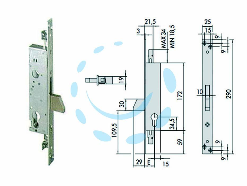 SERRATURA TRIPLICE DA INFILARE PER MONTANTI E PERSIANE S/SCROCCO 46820 - mm.25 (46820250)