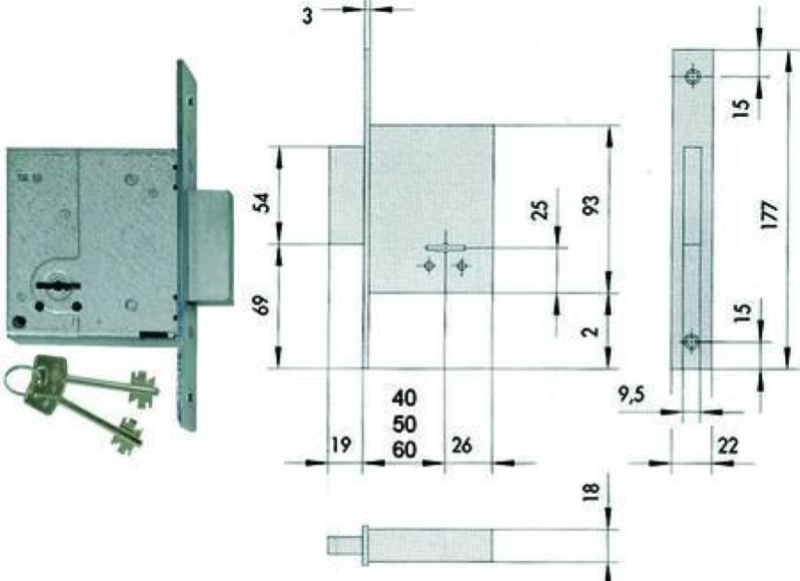 SERRATURA DA INFILARE DOPPIA MAPPA 57223- mm.50 piastra mm.22x175h. (57223500)