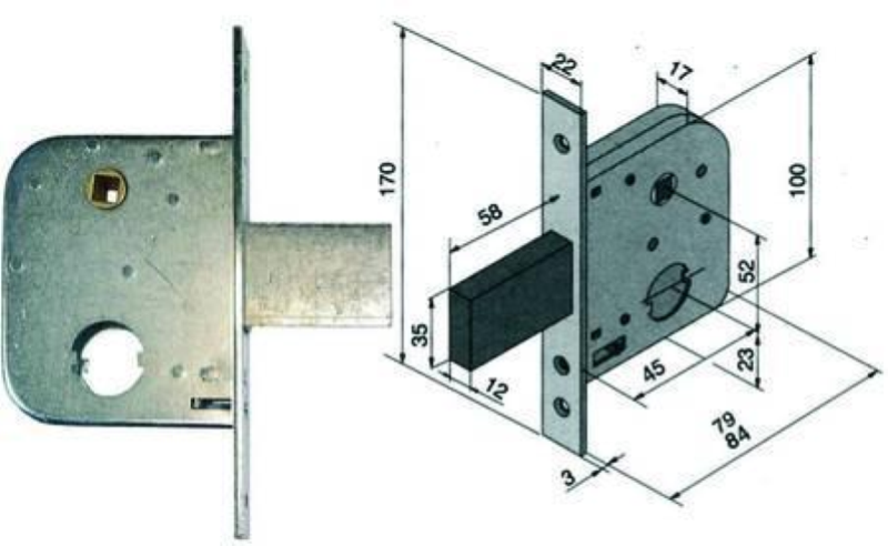 SERRATURA DA INFILARE PER CANCELLI CON QUADRO CATENACCIO E SCROCCO 075 - mm.45 con catenaccio da mm.58 (07545000)