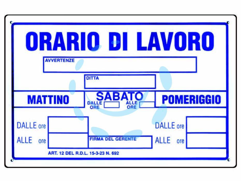CARTELLO ORARIO DI LAVORO IN PLASTICA CM.20X30