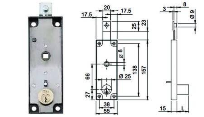 SERRATURA PER SERRANDE BASCULANTI CILNDRO FISSO QUADRO MANIGLIA 643- mm.157x15x55h. (643150)