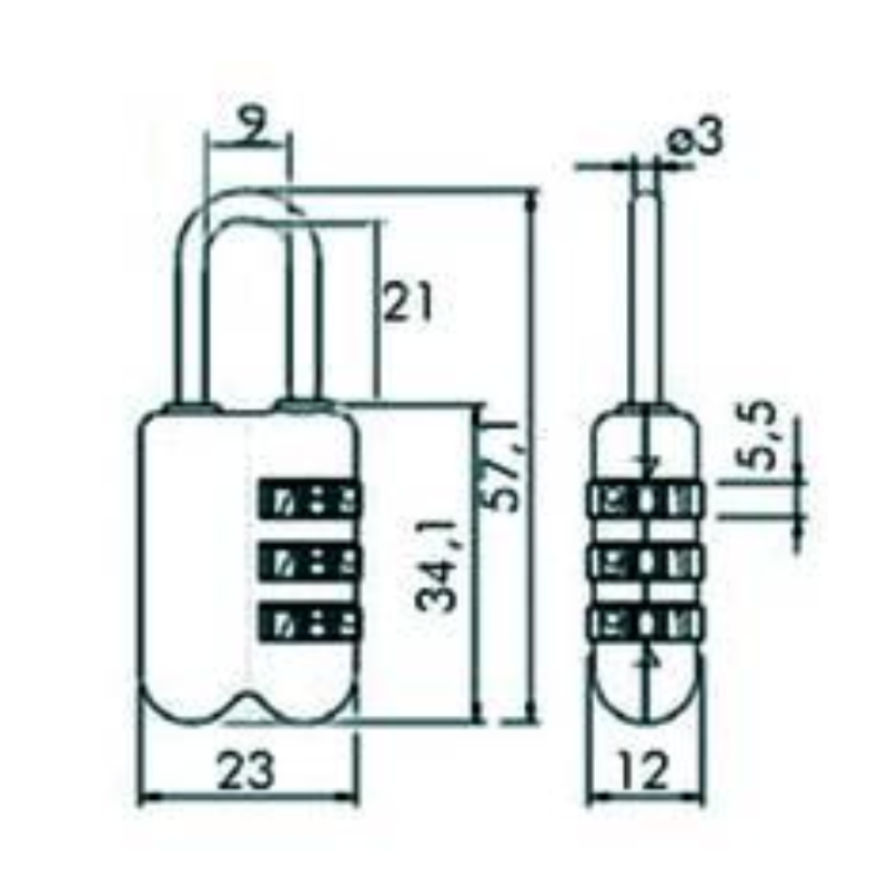 LUCCHETTO AD ARCO A COMBINAZIONE DA VIAGGIO PER VALIGE P2 - mm.23 grigio (YP2/23/128/1G)