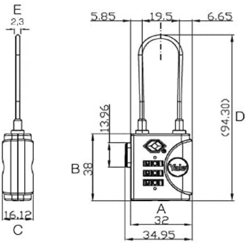 LUCCHETTO AD ARCO A CAVO A COMBINAZIONE CON DISPOSITIVO "TSA" TP3 - mm.32 (YTP3/32/350/1)