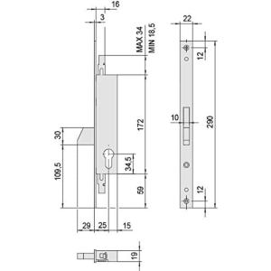 SERRATURA TRIPLICE DA INFILARE PER MONTANTI E PERSIANE S/SCROCCO 46220 - mm.35 (46220350)