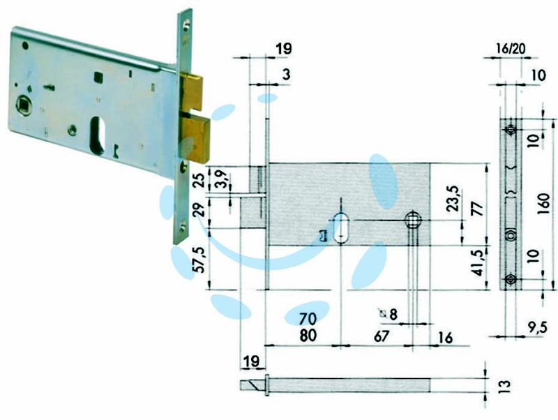 SERRATURA DA INFILARE PER FASCE CATENACCIO E SCROCCO MM.77 H 44460 - mm.70 con frontale mm.20 (44461700)