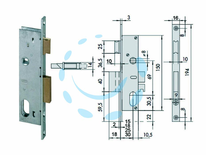 SERRATURA DA INFILARE PER MONTANTI CATENACCIO E SCROCCO 2 MAND. 44225 - mm.25 (44225250)
