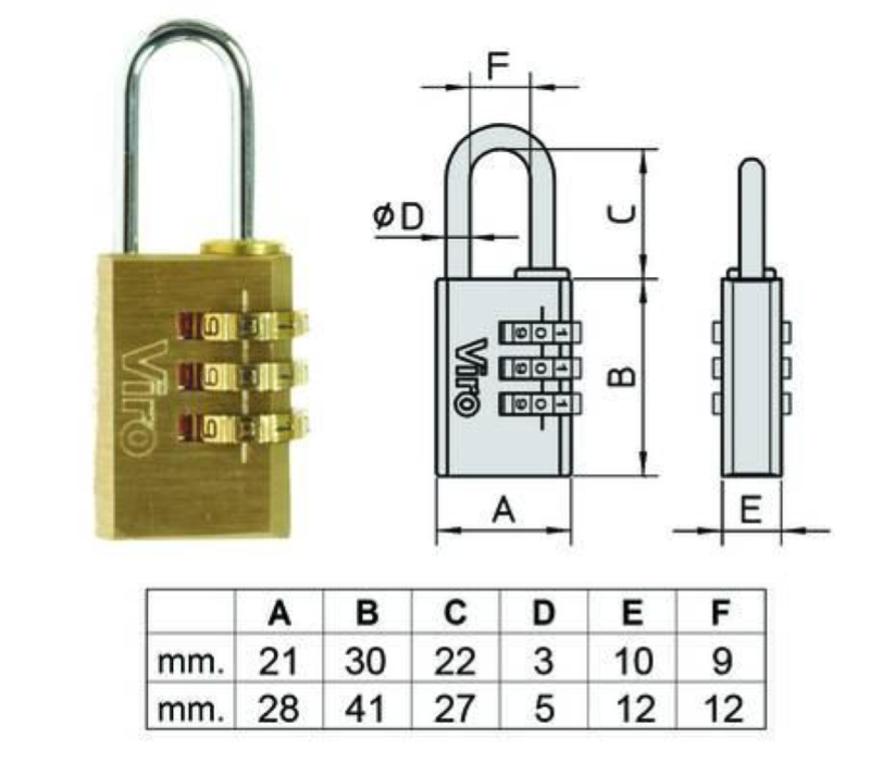 LUCCHETTI AD ARCO A COMBINAZIONE CON 3 DISCHI 406 - mm.21, arco mm.22x9 ø mm.3 (40600207)