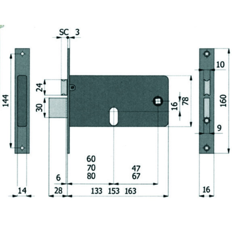 SERRATURA DA INFILARE PER FASCE CATENACCIO E SCROCCO MM.78 H 870- mm.70 interasse mm.67 (770)