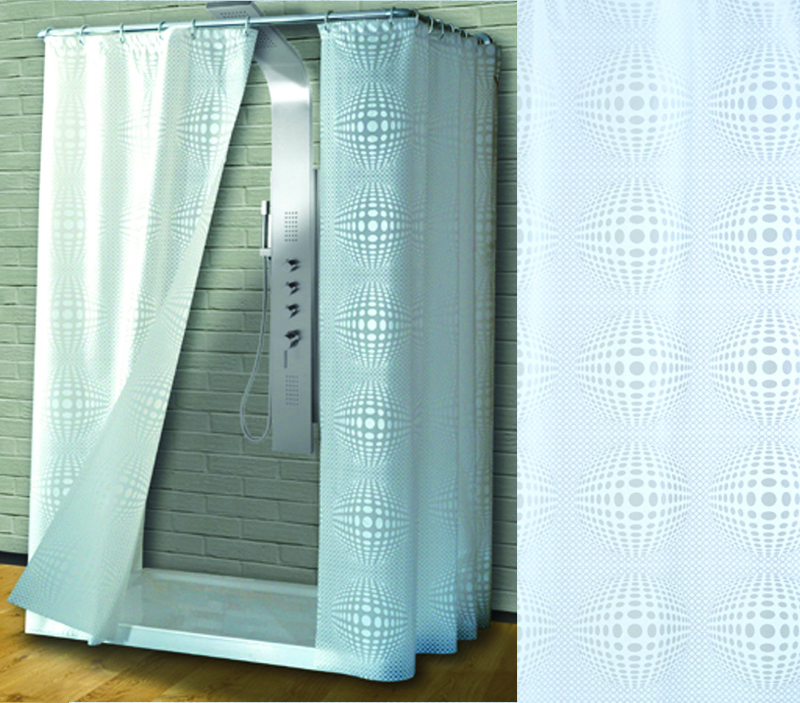 TENDA PER DOCCIA IN PEVA "SFERA" FONDO TRASPARENTE CON DECORI BIANCHI- cm.180x200h.