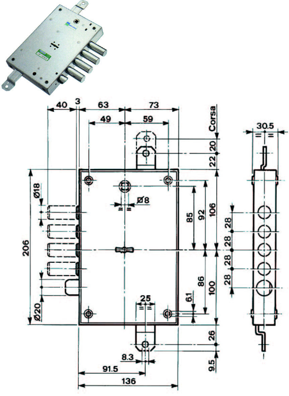 SERRATURA TRIPLICE APPLICARE CON SCROCCO DM BLINDATE 52571/28- mm.63 SX (52571ROMS 36)