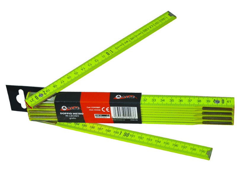 DOPPIOMETRO IN LEGNO GIALLO- testata rosso/nera con bollo