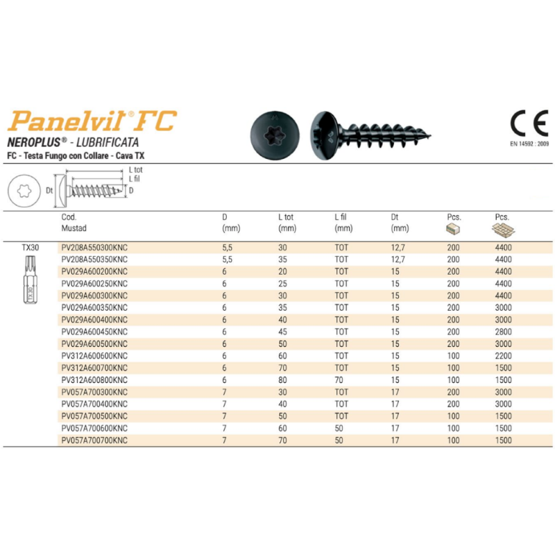 VITI PANEL-VIT TESTA A FUNGO CON COLLARE NERO PLUS TORX 30 - ø mm.6X30