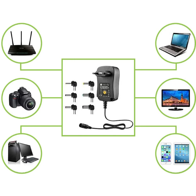 ALIMENTATORE UNIVERSALE REGOLABILE CON 6 SPINE DC PORTA USB 1A - 12W AC/DC 3V-12V 1000 mA