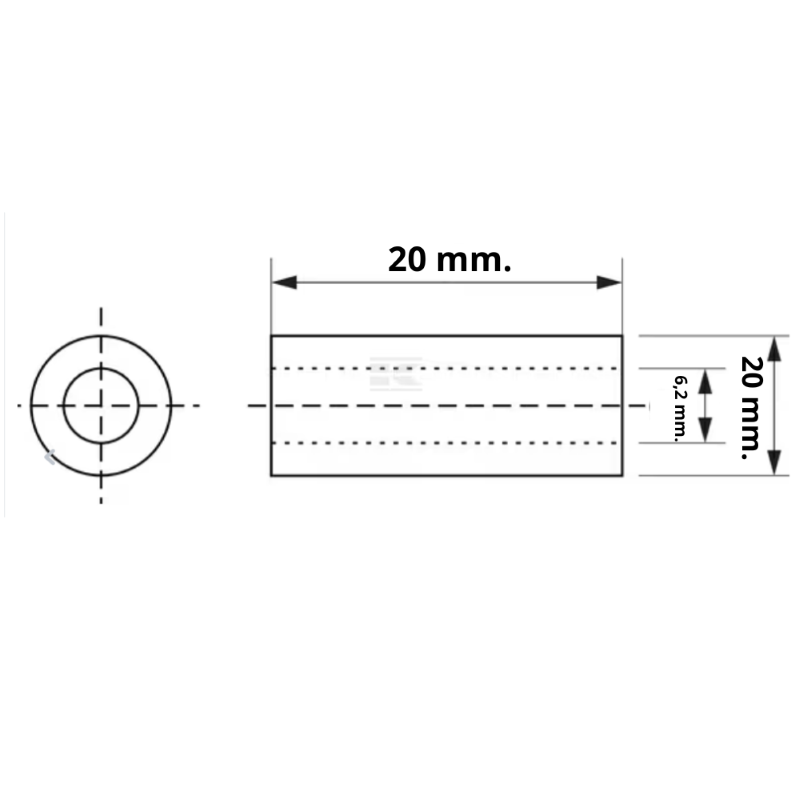 BOCCOLA DISTANZIATORE NYLON - 6,2x10x20 mm.