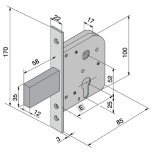 SERRATURA DA INFILARE PER CANCELLI CON QUADRO CATENACCIO E SCROCCO 070 - mm.50 con catenaccio da mm.58 (07050000)