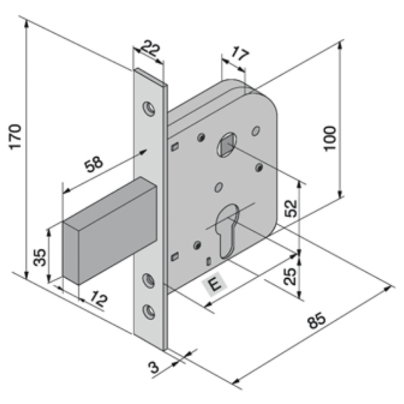 SERRATURA DA INFILARE PER CANCELLI CON QUADRO CATENACCIO E SCROCCO 070 - mm.50 con catenaccio da mm.58 (07050000)