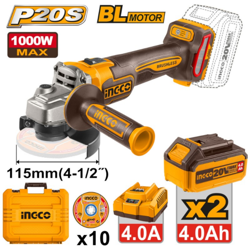 SMERIGLIATRICE ANGOLARE BRUSHLESS INGCO MM.115 - 1000W CON 2 BATTERIE 4Ah 20V E DISCHI