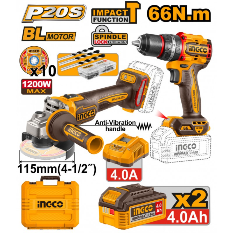 KIT SMERIGLIATRICE + TRAPANO AVVITATORE BRUSHLESS INGCO CON 2 BATTERIE 4Ah 20V