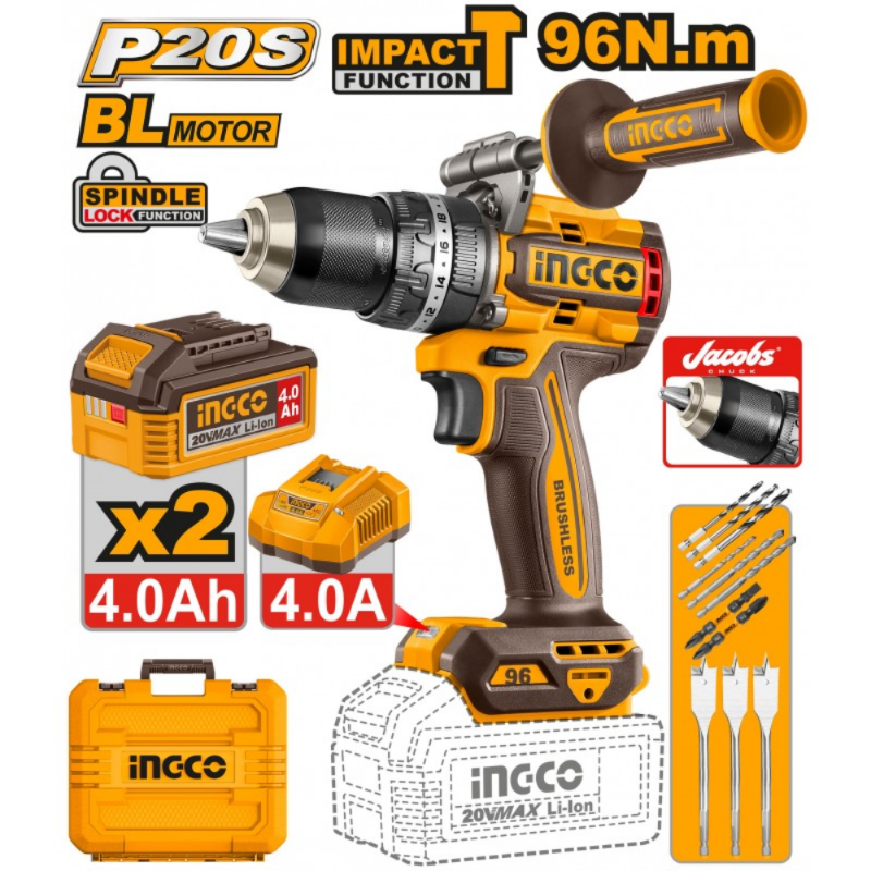 TRAPANO A PERCUSSIONE BRUSHLESS INGCO - 96N.m CON 2 BATTERIE 4.0AH