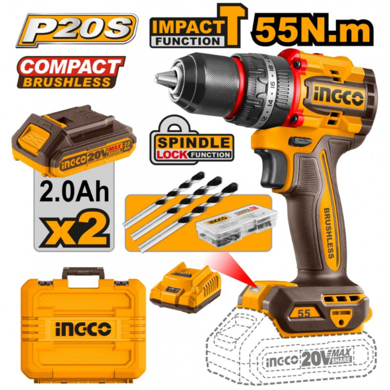 TRAPANO A PERCUSSIONE COMPACT BRUSHLESS INGCO - 20V 55Nm